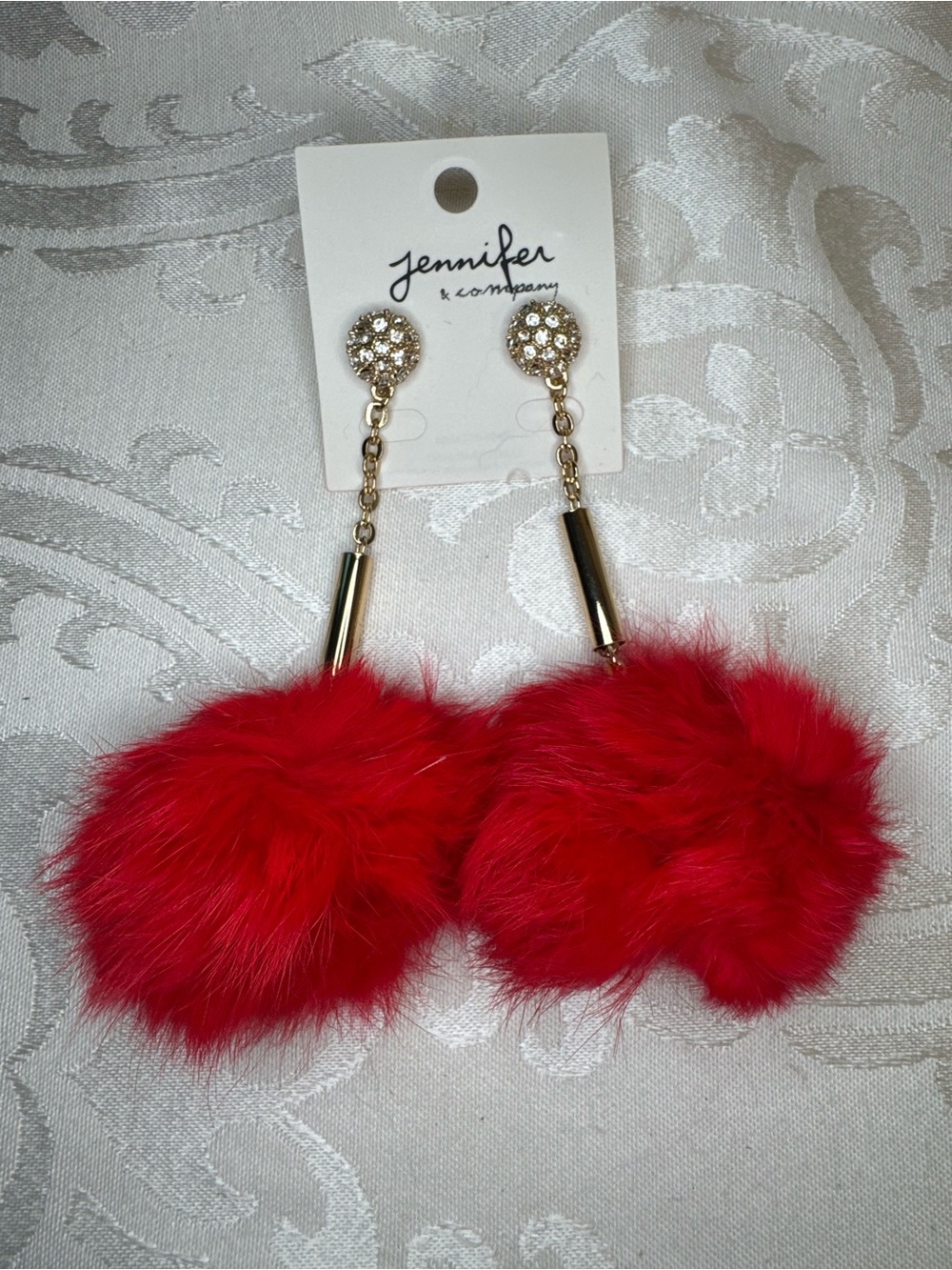 New Jennifer & Co Crystal posts with Red Fur Pom Drop Earrings